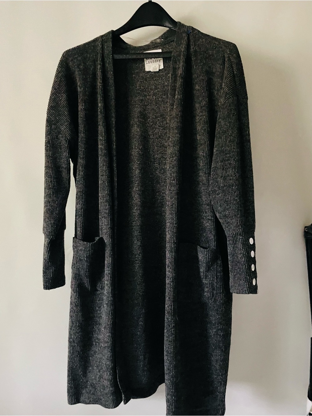 New York Laundry Charcoal Ribbed Open Cardigan with Sleeve Buttons Duster